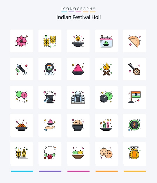 Vector gratuito paquete de iconos creativos holi 25 line filled como lámpara de aceite de fecha de luz de polvo de alimentos