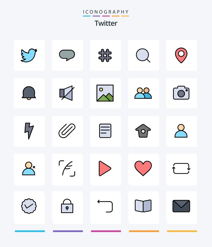 Paquete de iconos creativos de Twitter de 25 líneas llenas, como la ubicación de la campana, la herramienta de tweet de twitter