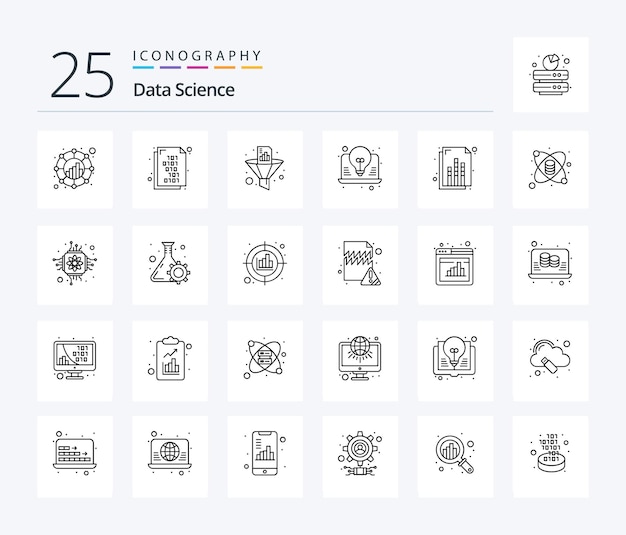 Vector gratuito paquete de íconos de data science 25 line que incluye un embudo de ideas de análisis de portátiles de análisis