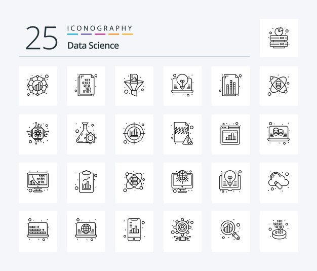 Paquete de íconos de Data Science 25 Line que incluye un embudo de ideas de análisis de portátiles de análisis