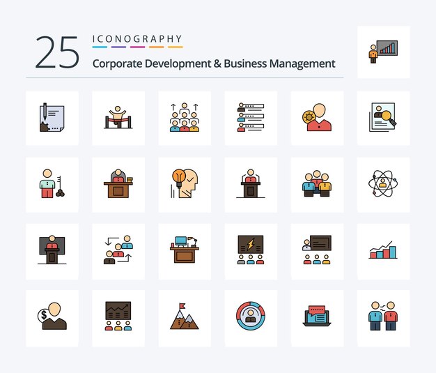 Paquete de iconos de desarrollo corporativo y gestión empresarial de 25 líneas, incluido el hombre de la mano de obra empresarial de liderazgo empresarial