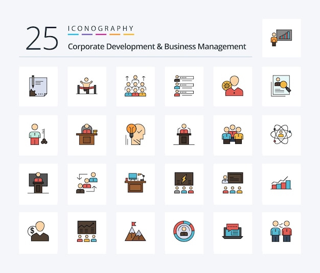 Paquete de iconos de desarrollo corporativo y gestión empresarial de 25 líneas, incluido el hombre de la mano de obra empresarial de liderazgo empresarial