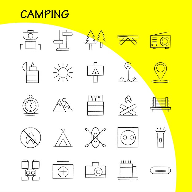 Paquete de iconos dibujados a mano para acampar para diseñadores y desarrolladores