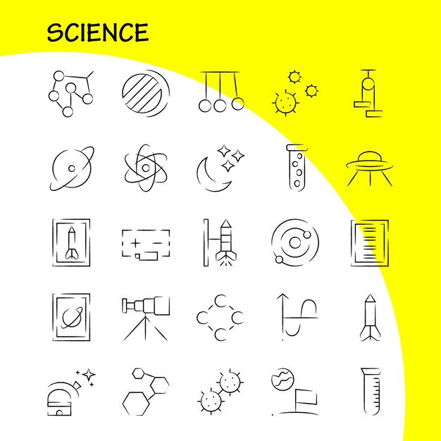 Paquete de iconos dibujados a mano de ciencia para diseñadores y desarrolladores Iconos de lanzamiento Cohete Espacio Inicio Astronomía Sistema solar Ciencia Vector