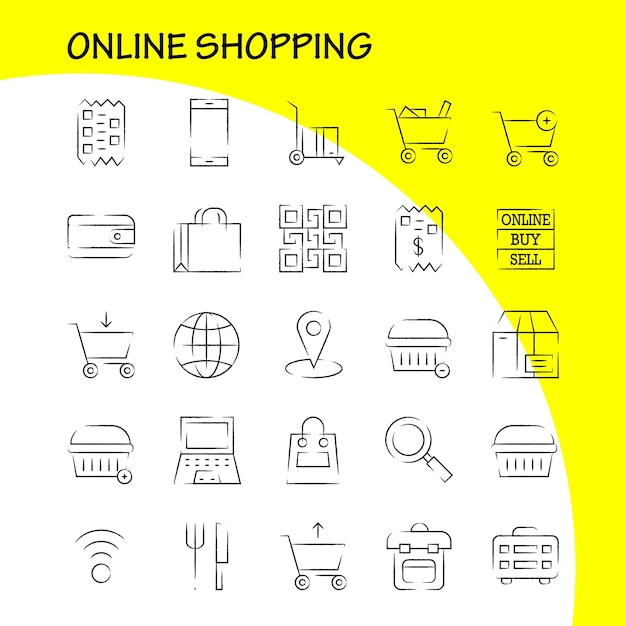 Paquete de iconos dibujados a mano de compras para diseñadores y desarrolladores Iconos de compra Venta en línea Vender bolsa de compras Vector lateral de compras