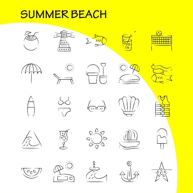 Paquete de iconos dibujados a mano en la playa para diseñadores y desarrolladores Iconos de peces Estrella de mar Estrella de mar Fruta de coco Vector de playa tropical