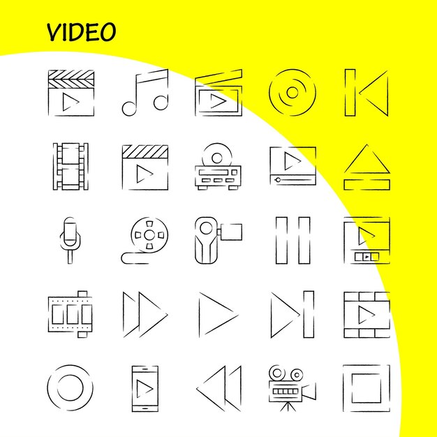 Paquete de iconos dibujados a mano de video para diseñadores y desarrolladores Iconos del director Entretenimiento Película Video Película Película Video Multimedia Vector