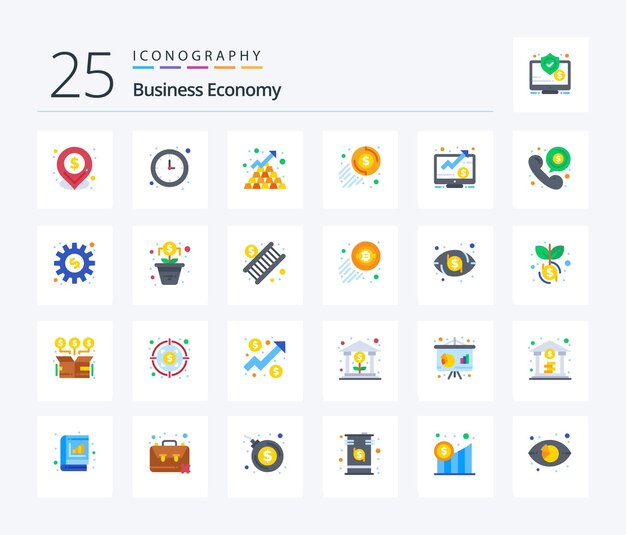 Paquete de íconos Economy 25 Flat Color que incluye dinero, moneda, dinero comercial, dinero en efectivo