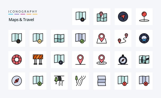 Paquete de iconos de estilo relleno de línea de viaje de 25 mapas Ilustración de iconografía vectorial