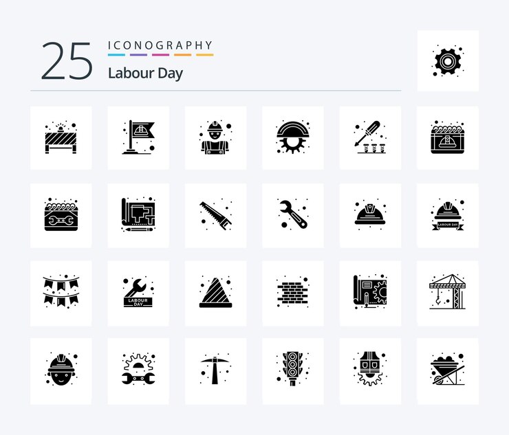 Paquete de íconos de glifos sólidos del Día del Trabajo 25 que incluye cuchillas de línea de construcción de engranajes de tornillo