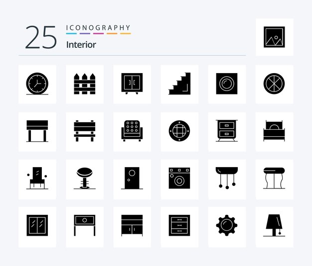 Paquete de íconos Interior 25 Solid Glyph que incluye el piso del nivel del armario del escenario interior