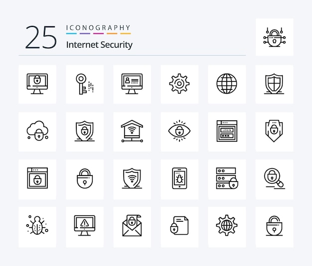 Paquete de íconos de internet security 25 line que incluye la configuración del globo de internet de internet