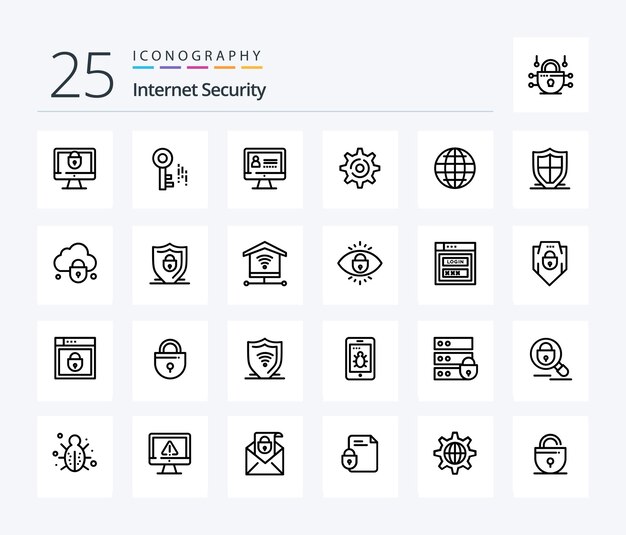 Paquete de íconos de Internet Security 25 Line que incluye la configuración del globo de Internet de Internet