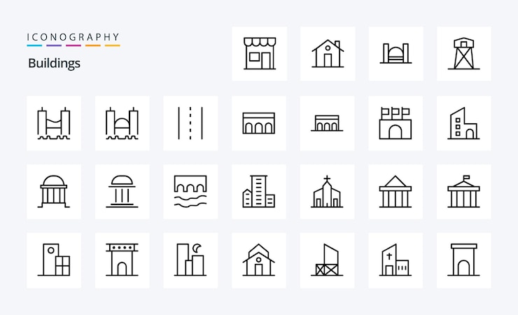 Paquete de iconos de línea de 25 edificios