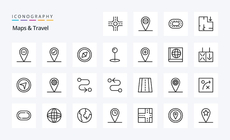 Vector gratuito paquete de iconos de línea de viaje de 25 mapas ilustración de iconos vectoriales