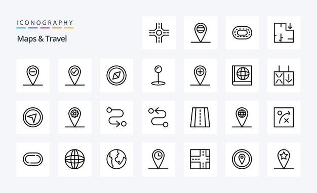 Paquete de iconos de línea de viaje de 25 mapas Ilustración de iconos vectoriales