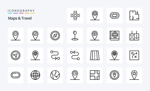 Paquete de iconos de línea de viaje de 25 mapas Ilustración de iconos vectoriales