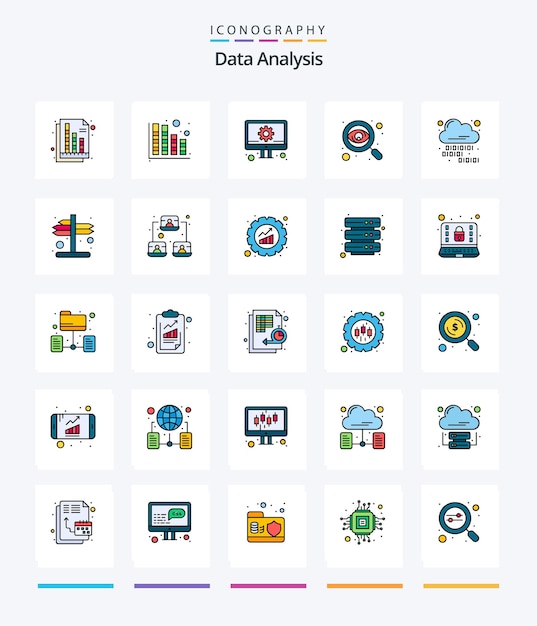 Paquete de iconos llenos de 25 líneas de análisis de datos creativos, como informe de codificación en la nube, desarrollo de negocios de monitoreo