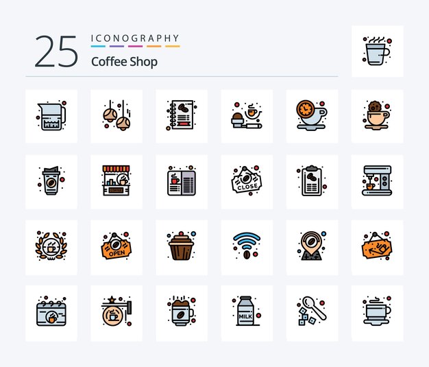 Paquete de iconos llenos de 25 líneas de cafetería que incluye la tienda de medición de luces de cuchara de medición de ruptura