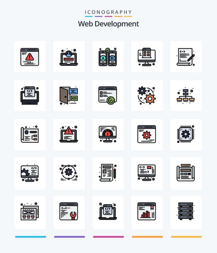 Vector gratuito paquete de iconos llenos de 25 líneas de desarrollo web creativo, como la aplicación de lenguaje móvil de programación de código
