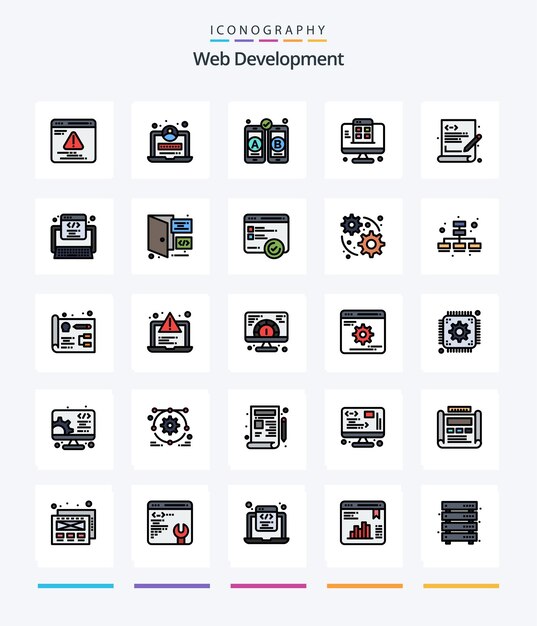 Paquete de iconos llenos de 25 líneas de desarrollo web creativo, como la aplicación de lenguaje móvil de programación de código