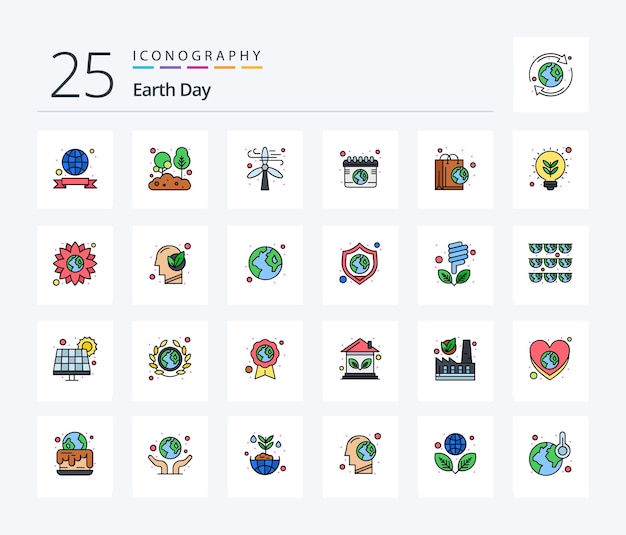 Vector gratuito paquete de iconos llenos de 25 líneas del día de la tierra que incluye bolsa ecología árbol tierra energía