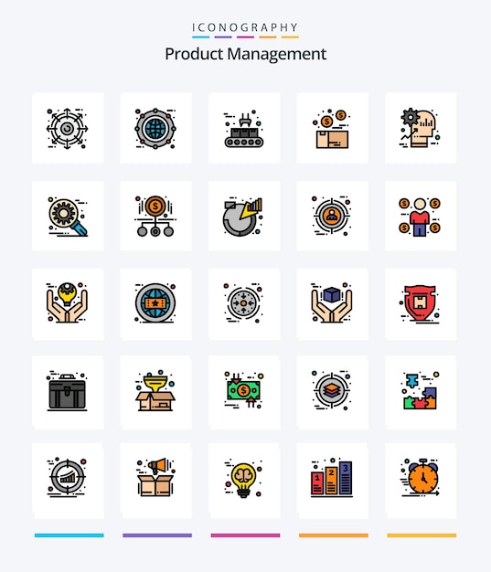 Vector gratuito paquete de iconos llenos de 25 líneas de gestión de productos creativos, como la línea de caja de productos, la línea de producción de dinero