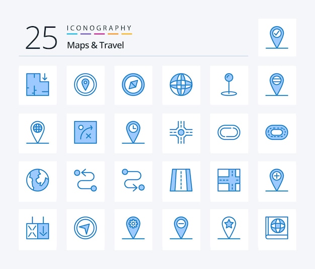 Paquete de iconos de maps travel 25 blue color que incluye pin de geo de flecha de globo de algoritmo