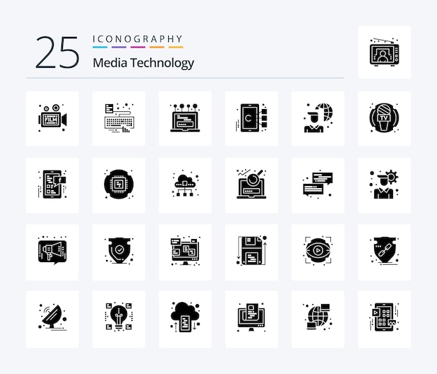 Paquete de iconos media technology 25 solid glyph que incluye computadora de enfoque de conexión móvil de internet