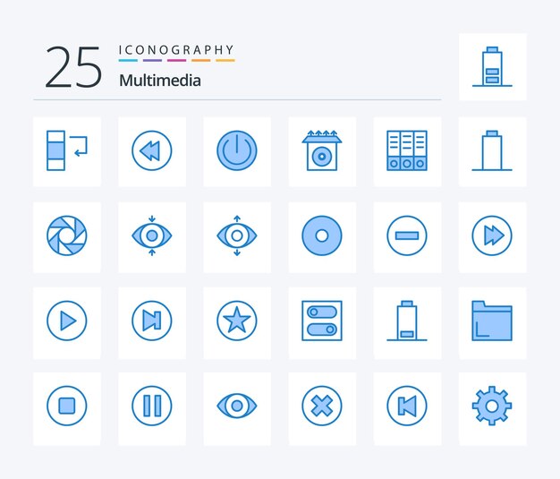 Paquete de íconos multimedia de 25 colores azules que incluye lente multimedia, instalación de documentos vacíos