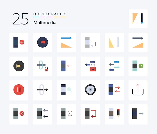 Paquete de íconos multimedia de 25 colores planos que incluye ordenación de flechas datos ascendentes descendentes