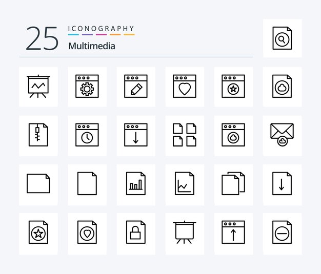 Paquete de íconos multimedia de 25 líneas que incluye archivo zip en la nube de archivos mac
