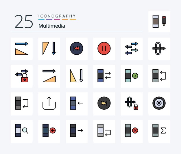 Paquete de íconos multimedia de 25 líneas que incluye exportación de tráfico de control de puerta de enlace de datos