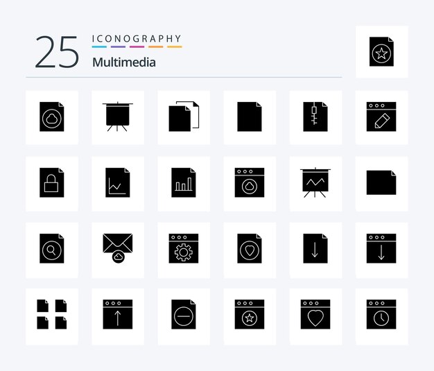 Paquete de íconos Multimedia 25 Solid Glyph que incluye editar página de documento duplicado zip