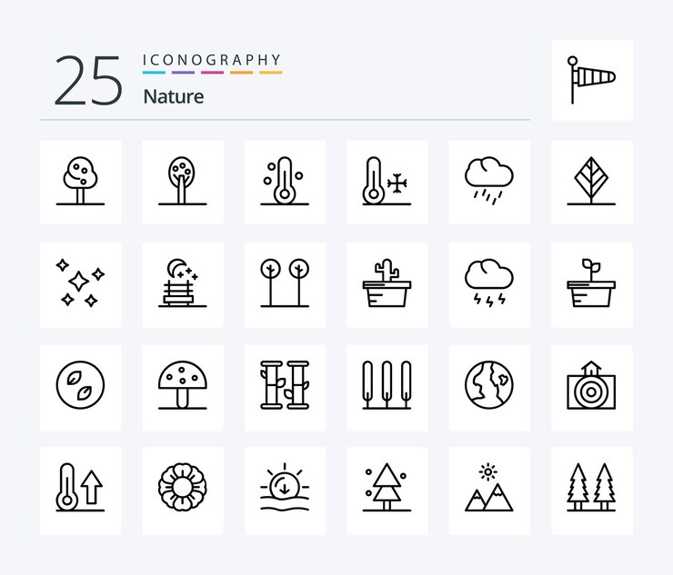 Paquete de íconos Nature 25 Line que incluye estrellas nocturnas naturaleza lluvia árbol hoja