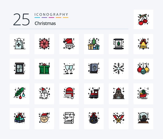 Paquete de iconos de Navidad de 25 líneas llenas que incluye tarjeta de Navidad caja de invierno Papá Noel