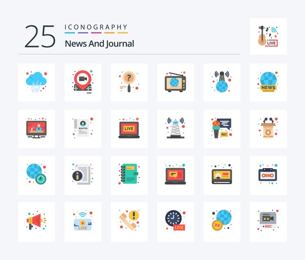 Paquete de íconos News 25 Flat Color que incluye transmisión de noticias pushpin world web