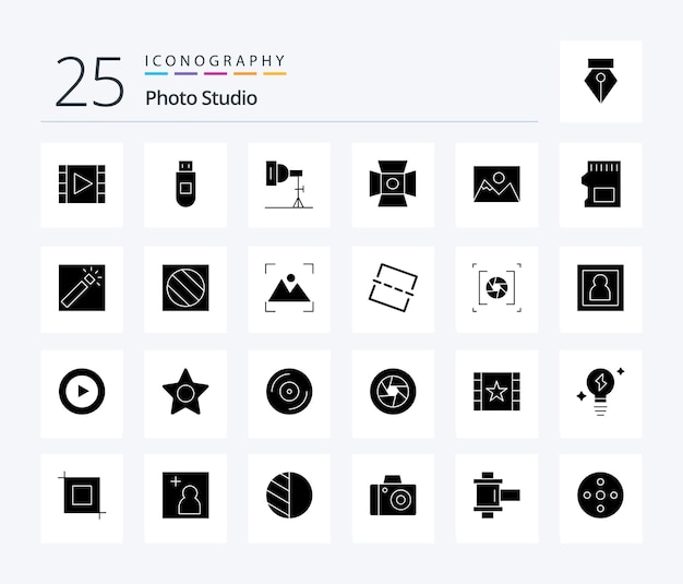 Paquete de iconos de Photo Studio 25 Solid Glyph que incluye paisaje de fotógrafo de luz de fotografía sd