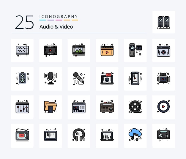 Vector gratuito paquete de iconos rellenos de 25 líneas de audio y video que incluye reproducción de cámara, reproducción de medios de video