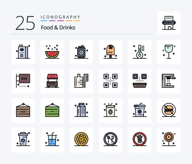 Paquete de iconos rellenos de 25 líneas de bebidas de alimentos que incluye comidas y bebidas preparadas en la cocina