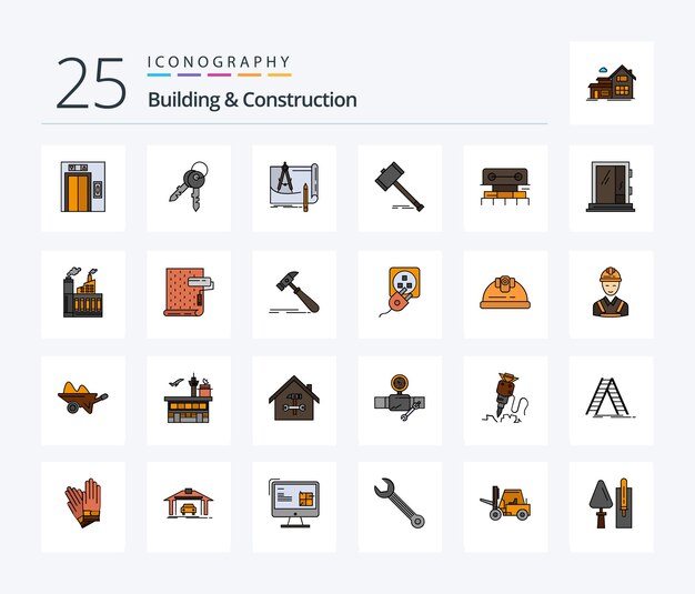Paquete de iconos rellenos de 25 líneas de construcción y construcción que incluye un plan de subasta de arquitectura de la corte de martillos