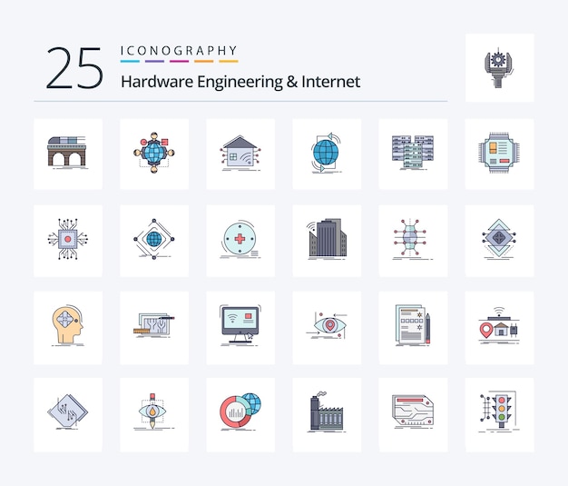 Paquete de iconos rellenos de 25 líneas de ingeniería de hardware e Internet que incluye casa de red de operación de conectividad a Internet