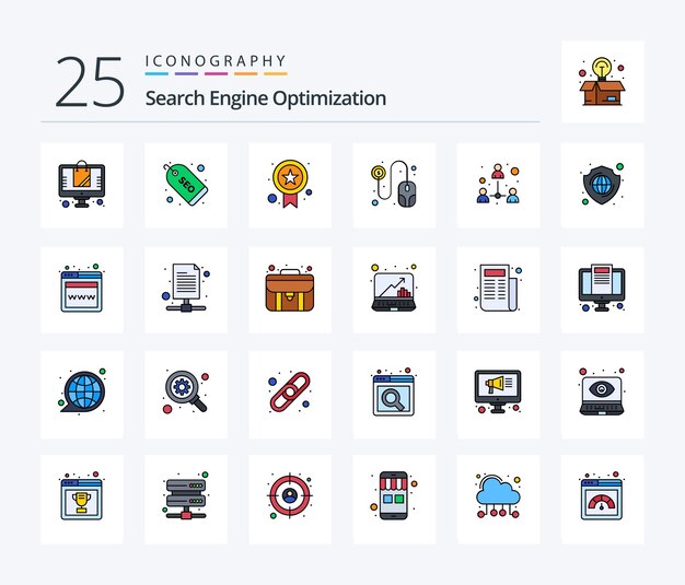 Paquete de iconos Seo 25 Line Filled que incluye equipo de calidad de trabajo en equipo de protección por