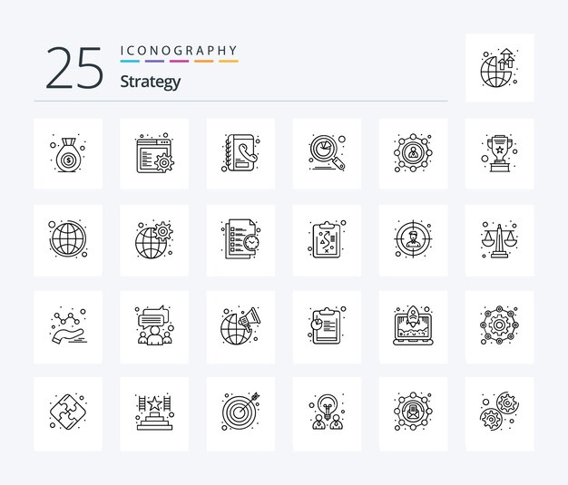 Paquete de íconos de Strategy 25 Line que incluye el gráfico de afiliados de la guía telefónica seo del usuario
