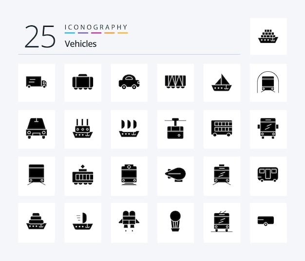 Vector gratuito paquete de iconos de vehículos 25 solid glyph que incluye vehículos de metro vehículos barco barco