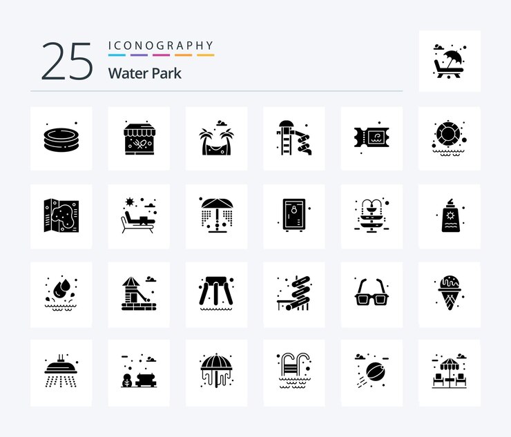 Paquete de íconos Water Park 25 Solid Glyph que incluye agua para boletos de parque acuático salvavidas