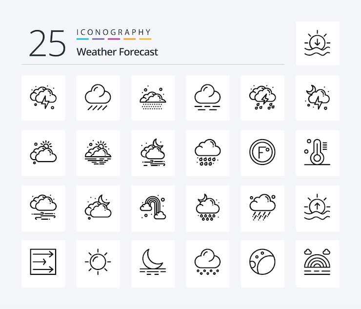Vector gratuito paquete de íconos weather 25 line que incluye lluvia de luz cálida de nube de luna