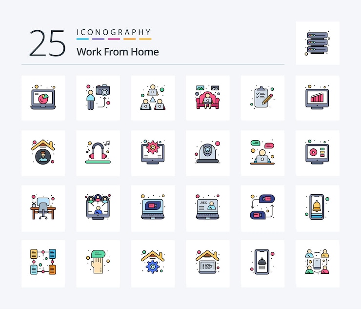 Vector gratuito paquete de iconos work from home 25 line filled que incluye trabajo desde casa notebook man sharing meeting