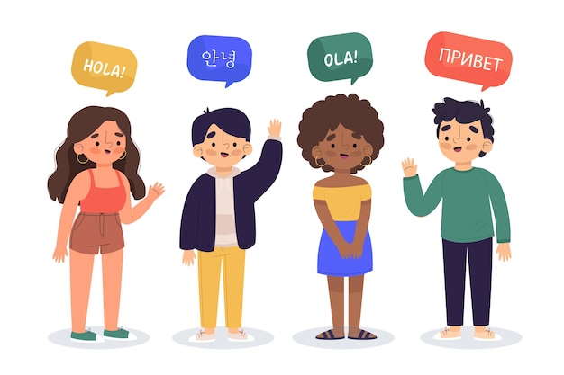 Vector gratuito paquete de ilustración de jóvenes hablando en diferentes idiomas