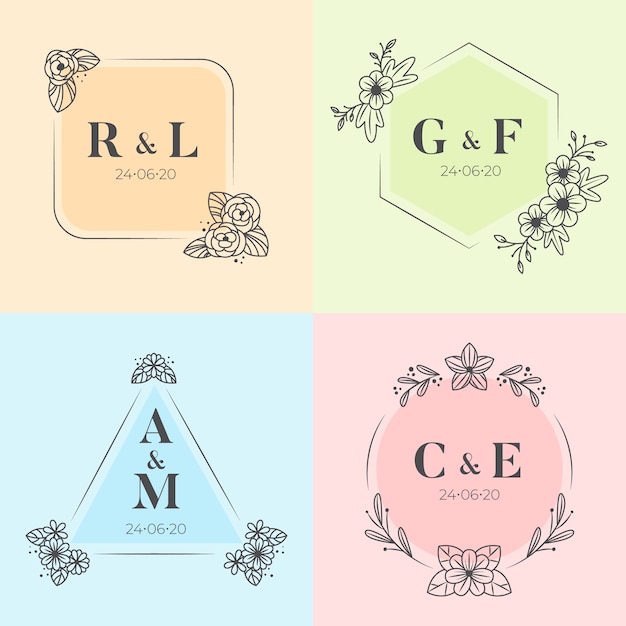 Paquete de ilustración de monogramas de boda colorida